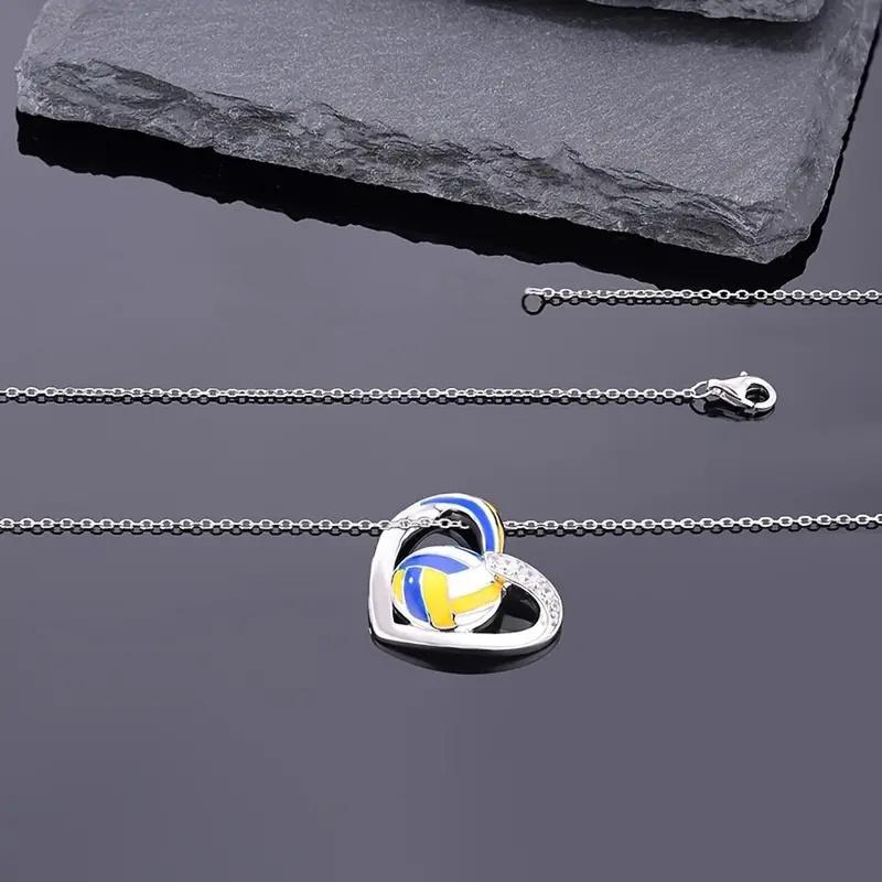 Trendy Volleyball Heart Pendant Necklace Teen Girls Accessories with Shiny Zirconia Fashion Female Daily Party Jewelry