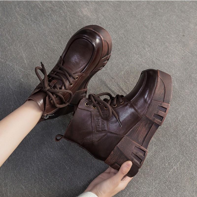Johnature Retro Thick Sole Wedges Short Boots Genuine Leather Women's Height-increasing Shoes