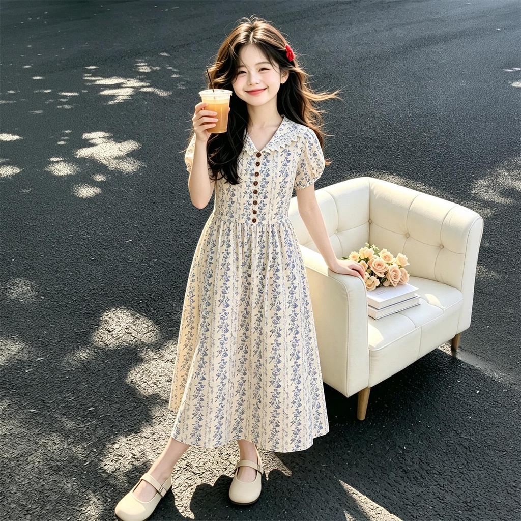 Girl's Elegant Blue & White Floral Lapel Summer Dress 2026