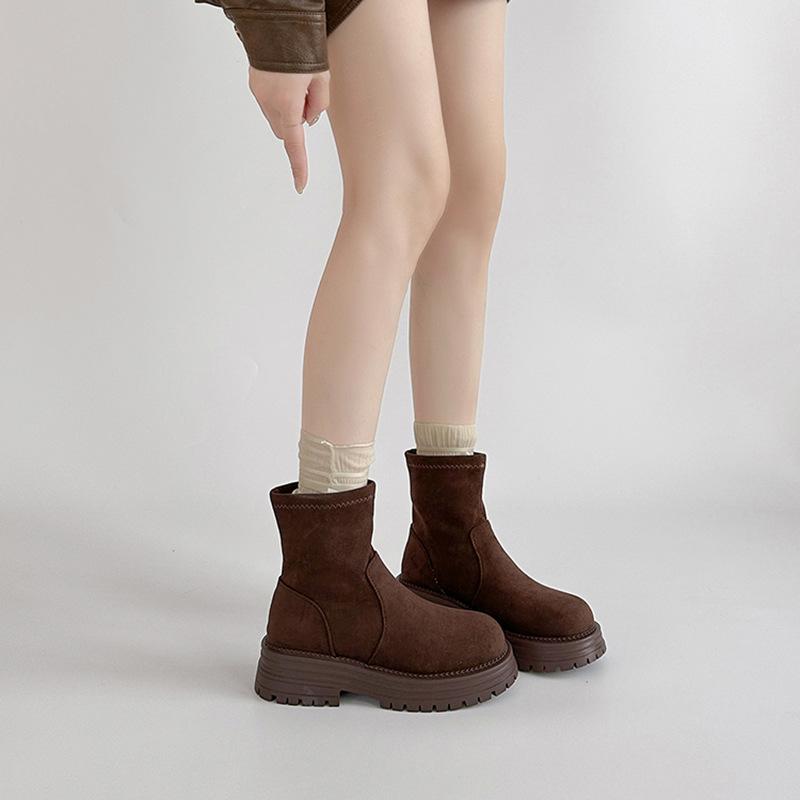 Fashion versatile round head thick-soled short boots children's 2025 autumn and winter new solid color suede heightened and thin Martin boots