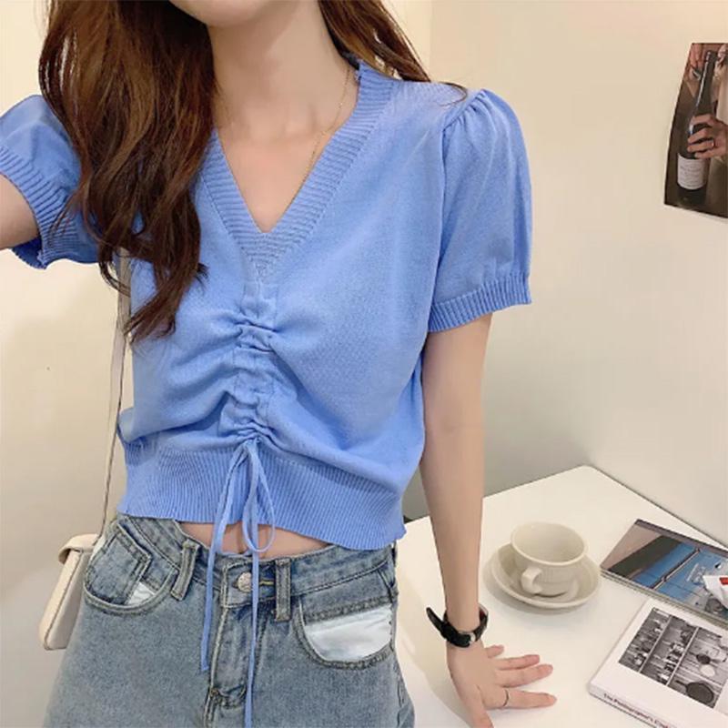 Solid Color Design Sense Niche Short Knitted V Neck T-shirt Korean Style Chic Top Summer Style Bottoming Shirt Women