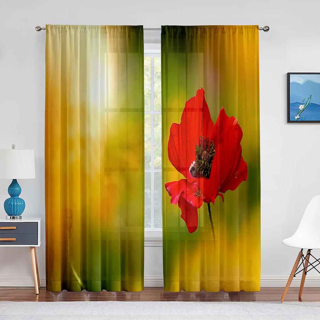 Poppy Flower Red Floral Sheer Voile Curtains for Living Room Bedroom Kitchen Tulle Window Curtain Home Decoration Chiffon Drapes