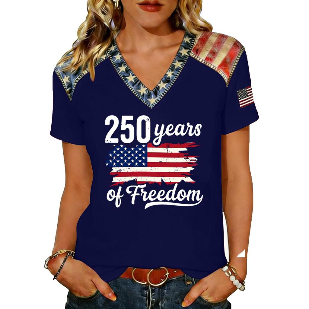 Haut T-shirt Pull Col en V Manches Courtes pour Femme avec Impression Drapeau Coupe Ample Décontracté Confortable Design Léger pour un Usage Quotidien