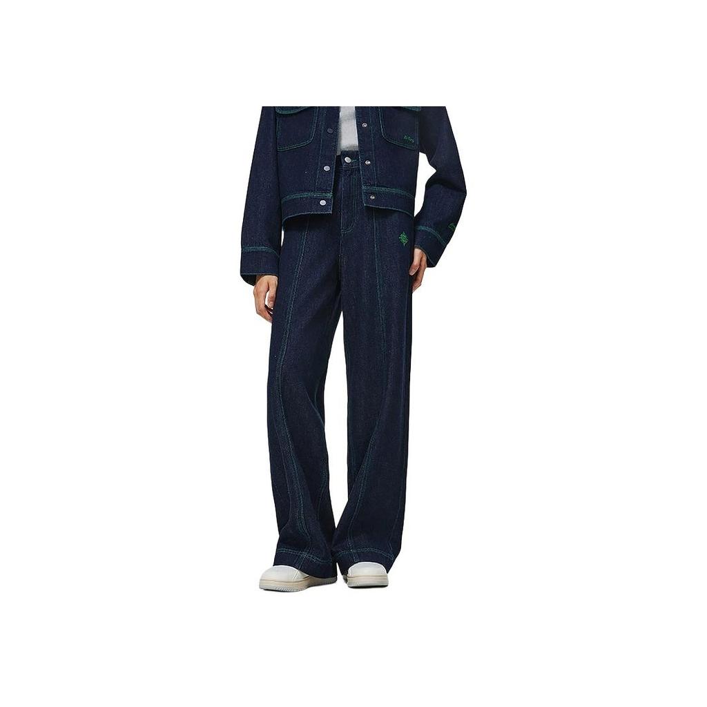 Li Ning Série Estilo de Vida Esportivo Jeans Retos de Cor Sólida Lavados Jeans Femininos Azul-Denim-Escuro AJQT366-2