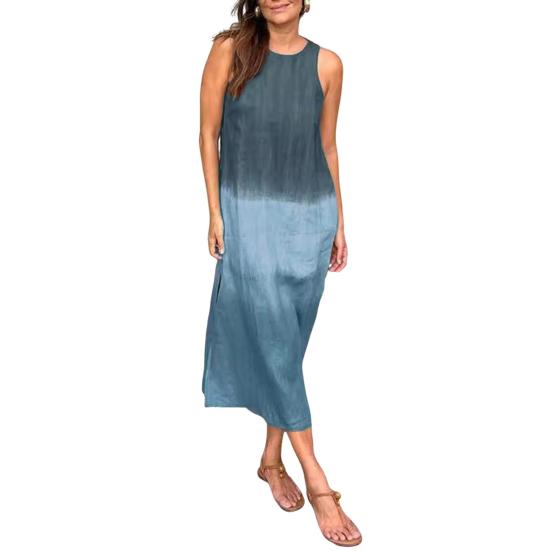 Summer Cotton Linen Dress for Women Casual Sleeveless Tunis Maxi Tank Dress Side Slit Beach Sun Dress