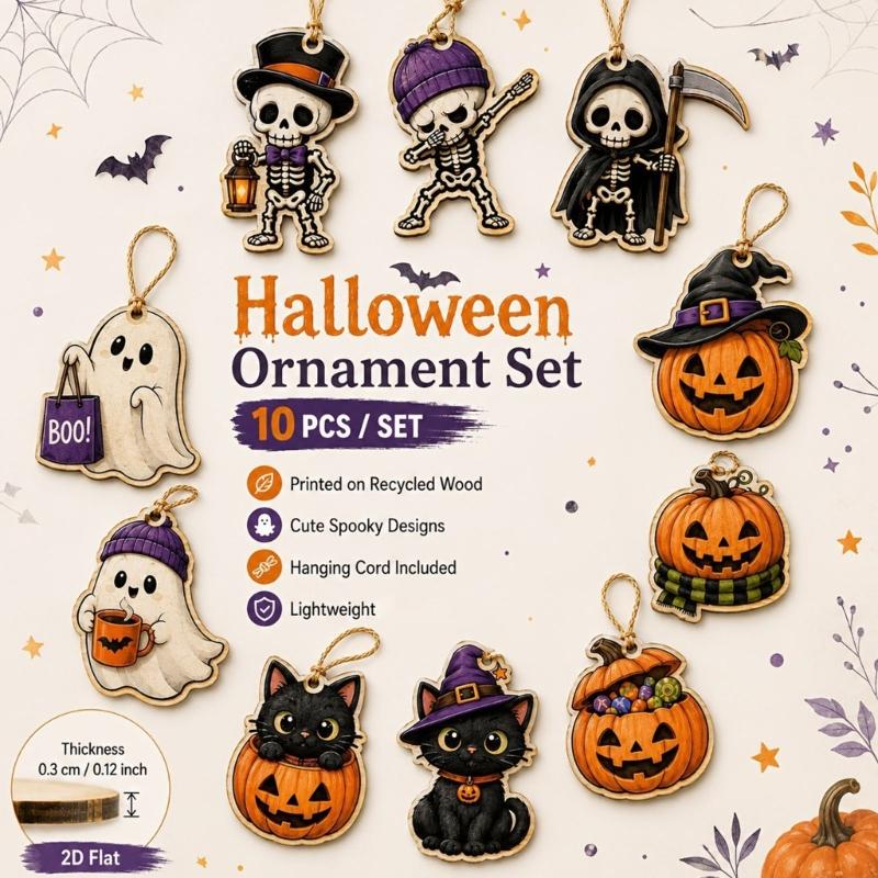 Seasonal Hanging Sign Set for Halloween, 10 Wood Character Cutouts with String Hangers for Entry Area, Room Styling, and Party Display
