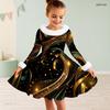 Girls Long Sleeve White Fuzzy Trim Black Gold Green Printed A Line Flared Dress