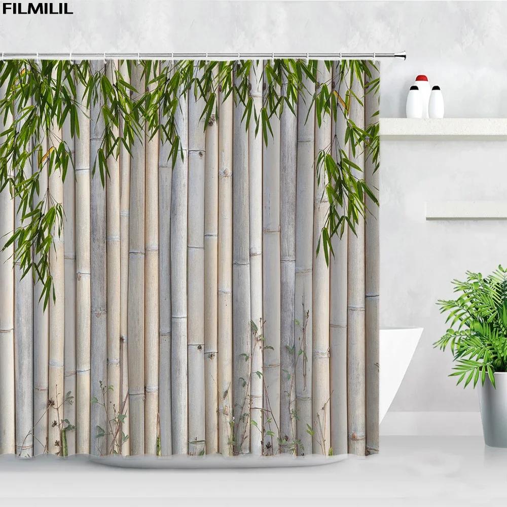 Zen Buddha Green Bamboo Shower Curtain Palm Trees Beach Ocean Flower Plant Nature Landscape Wall Hanging Bathroom Decor Curtains
