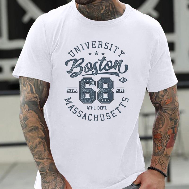 Plus Size Pure T-shirt Round Neck Print Men's Fashionable Short Sleeved T-Shirt- Soft Medium Stretch Polyester Fabric Summer Mens Relaxed Fit Clothing