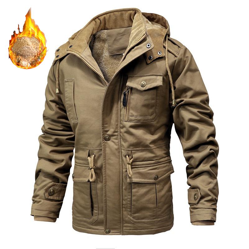 Winter Hooded Long Warm Parkas Fleece Down Jackets   Outdoor Tooling Casual Jackets Men Multi Pockets