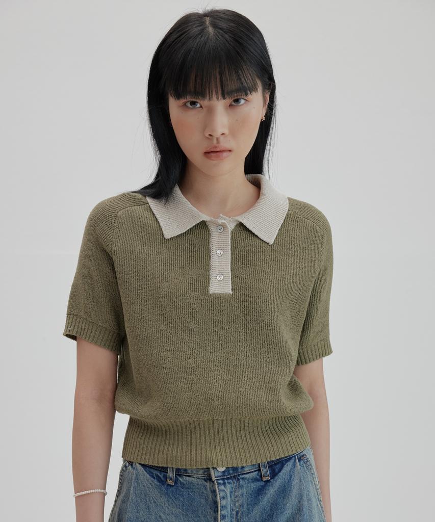 NONBLANK Raglan Half Sleeve Collar Crop Knit_Deep Green