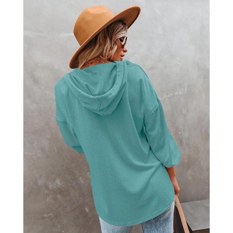 Autumn Winter Women Casual Solid Color Loose V Neck Hoodie Top Single Breasted Shirt