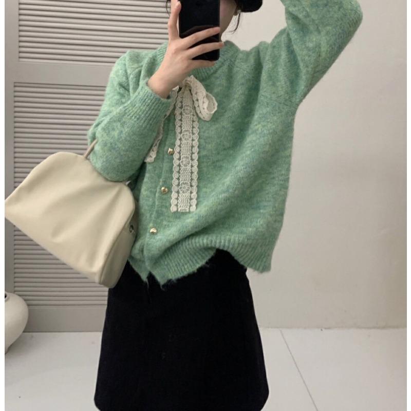 Lace-up Lace Bow Crew Neck Sweater Jacket Women's Autumn and Winter Loose Love Gold Button Knitted Cardigan Women