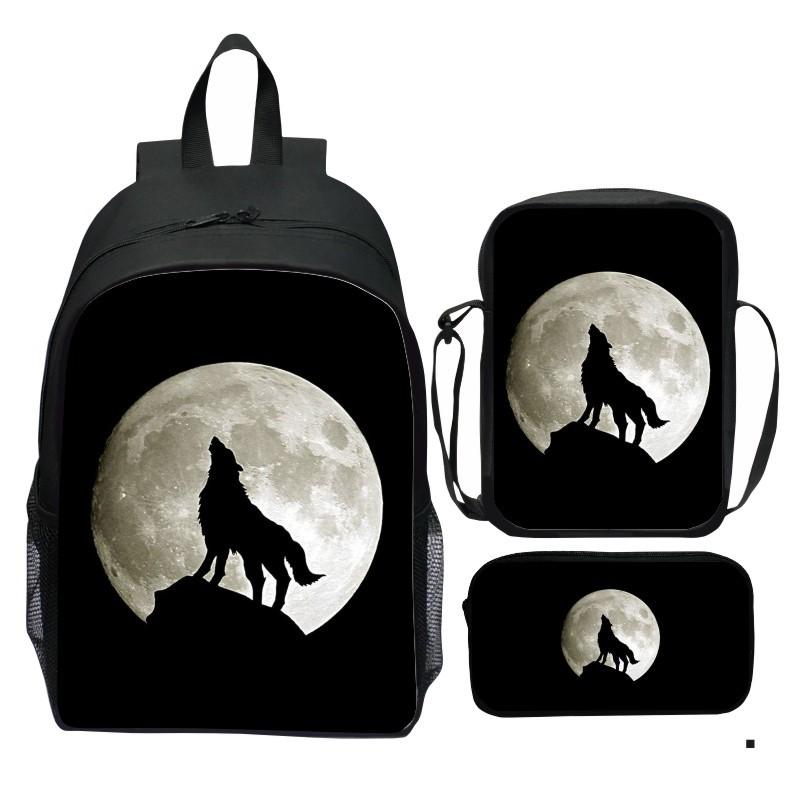 Bedruckter Universum Sternenhimmel Rucksack 3-teiliges Set Tier Wolf Löwe Rucksack Kleine Umhängetasche Federmäppchen