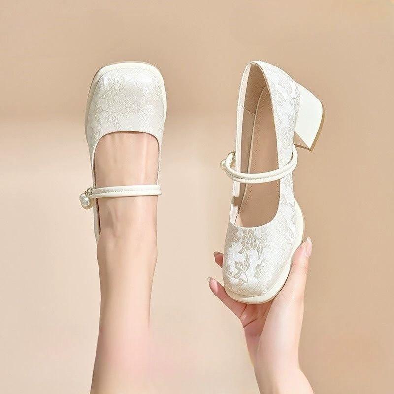 Spring Womens Shoes Vintage High Heels Women Casual Mary Jane Shoes Luxury Elegant Chinese Style Dress Shoes Thick Heel