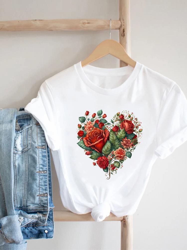 Women's Short-sleeved T-shirt, Fashionable Flower Print Bottoming Shirt