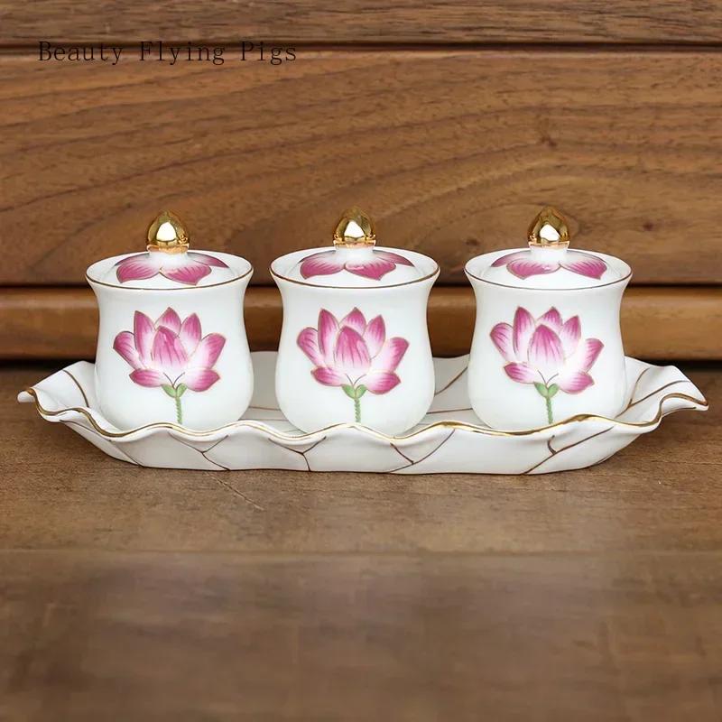 Chinese ceramic Guanyin water supply cup, three supply cups, Buddha cup offering ornaments feng shui  Buddhism