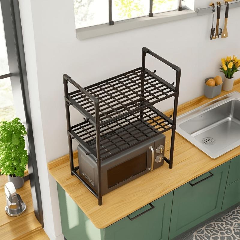 Kitchen Microwave Countertop Shelf with Hooks Stable Storage Organizer for Spices & Utensils Stable Standing Rack with No Wobble