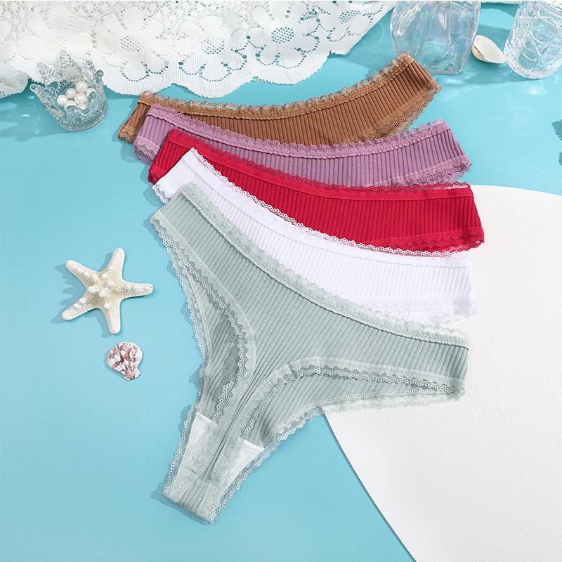FINETOO 3PCS/Set Women Cotton Panties 5 Solid Color Low Waist Threaded G-string Lingerie Fashion Sexy thongBreathable Underpants