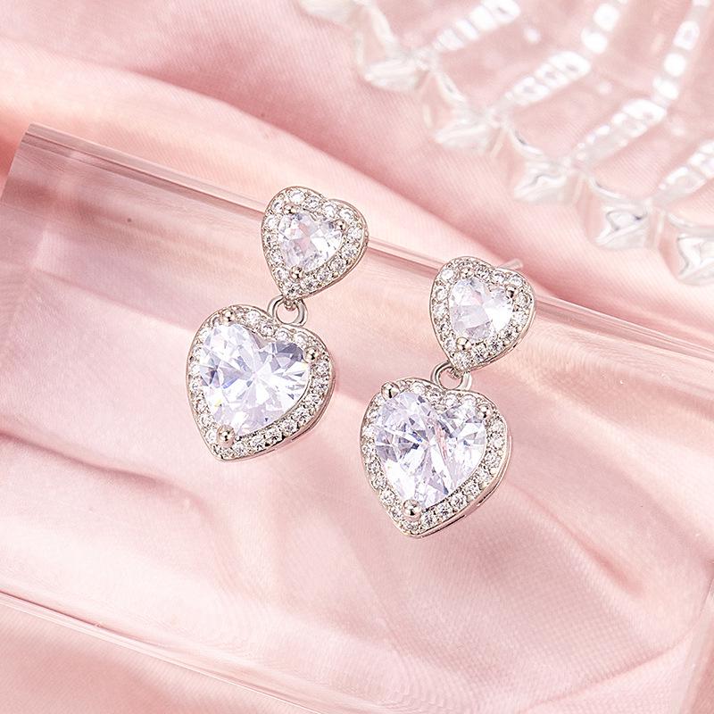 Elegant Zirconia Heart Earrings: French Style, High-End Shine