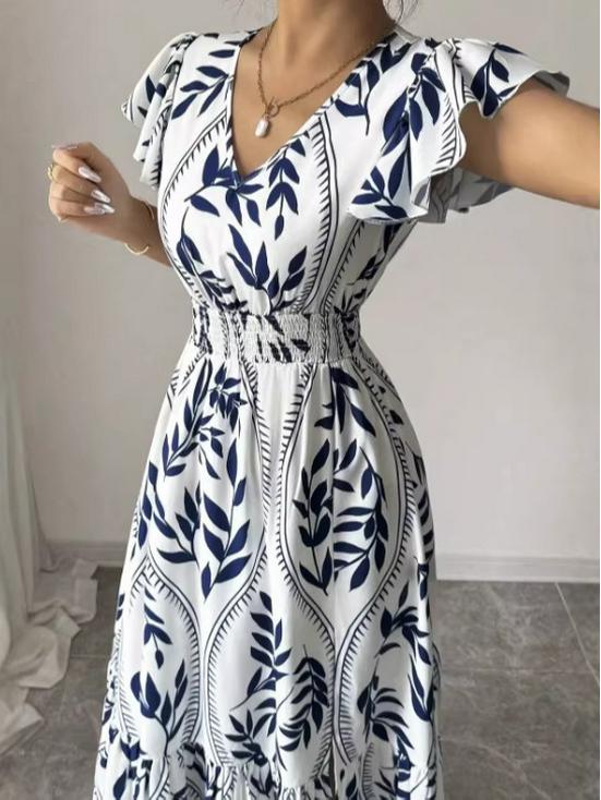 2026 Spring/Summer V-neck Printed Ruffled Slimming Long Dress
