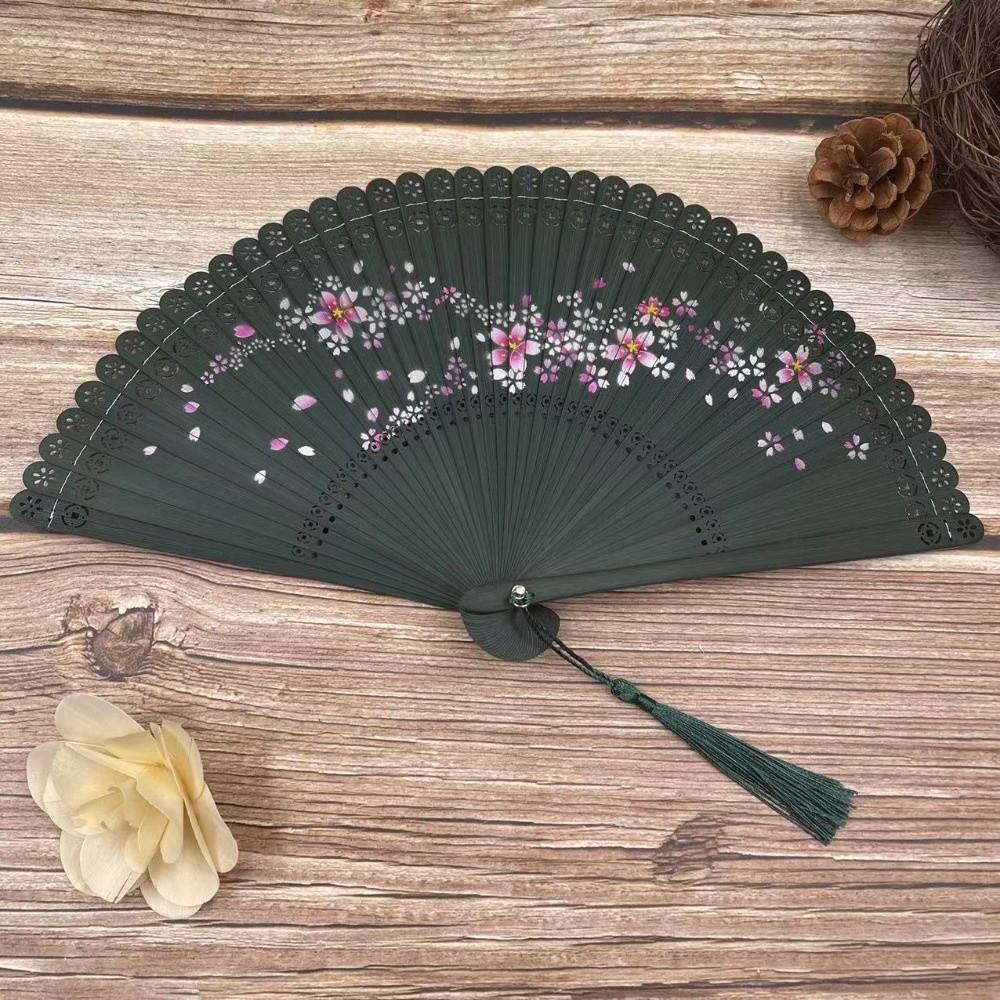 with Tassel Bamboo Folding Fan Vintage Cherry Blossom Fan Carved Hollowed-Out Fan  Cultural Event