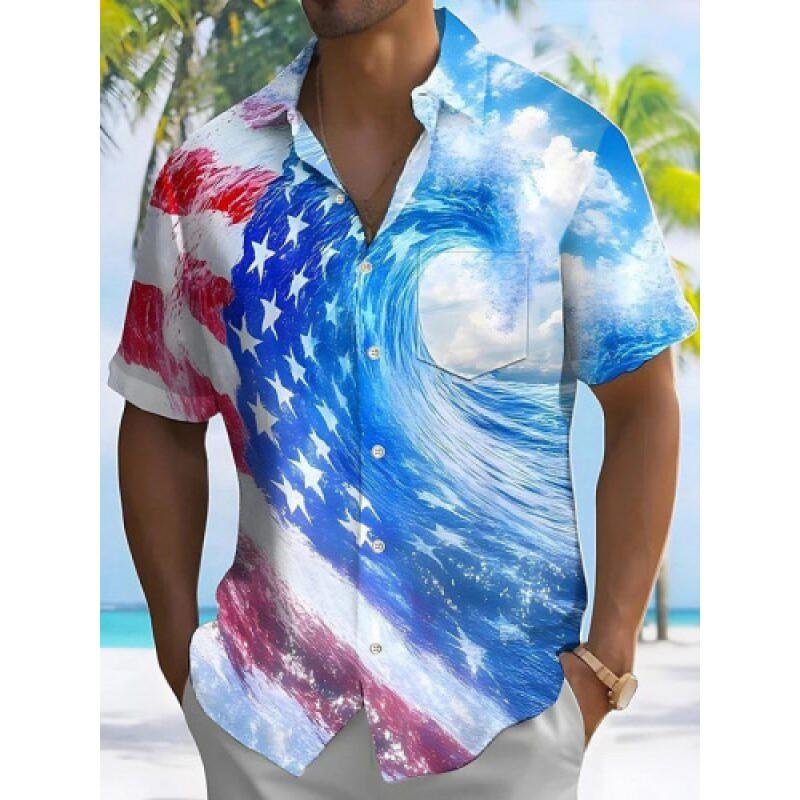 Mens Short Sleeve Casual Shirt Vintage Hawaiian Print Loose Fit Streetwear