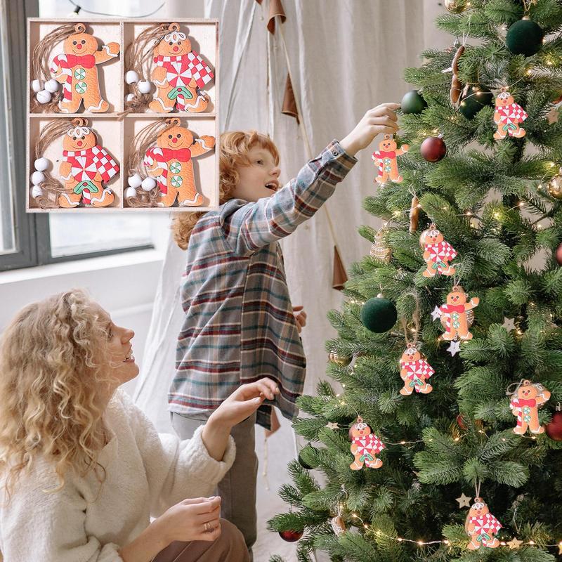 Christmas Gingerbread Wood Ornaments 12X Christmas Tree Pendant Wooden Gingerbread Man Seasonal 4 Patterns Gingerbread Man With