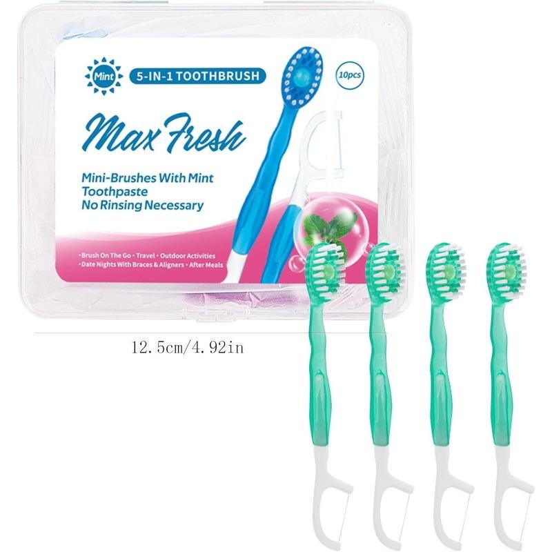 10PCS Mini 5 in 1 Toothbrush & Floss Travel Toothbrushes with Toothpaste Set with Floss+Pick Multifunctional Floss
