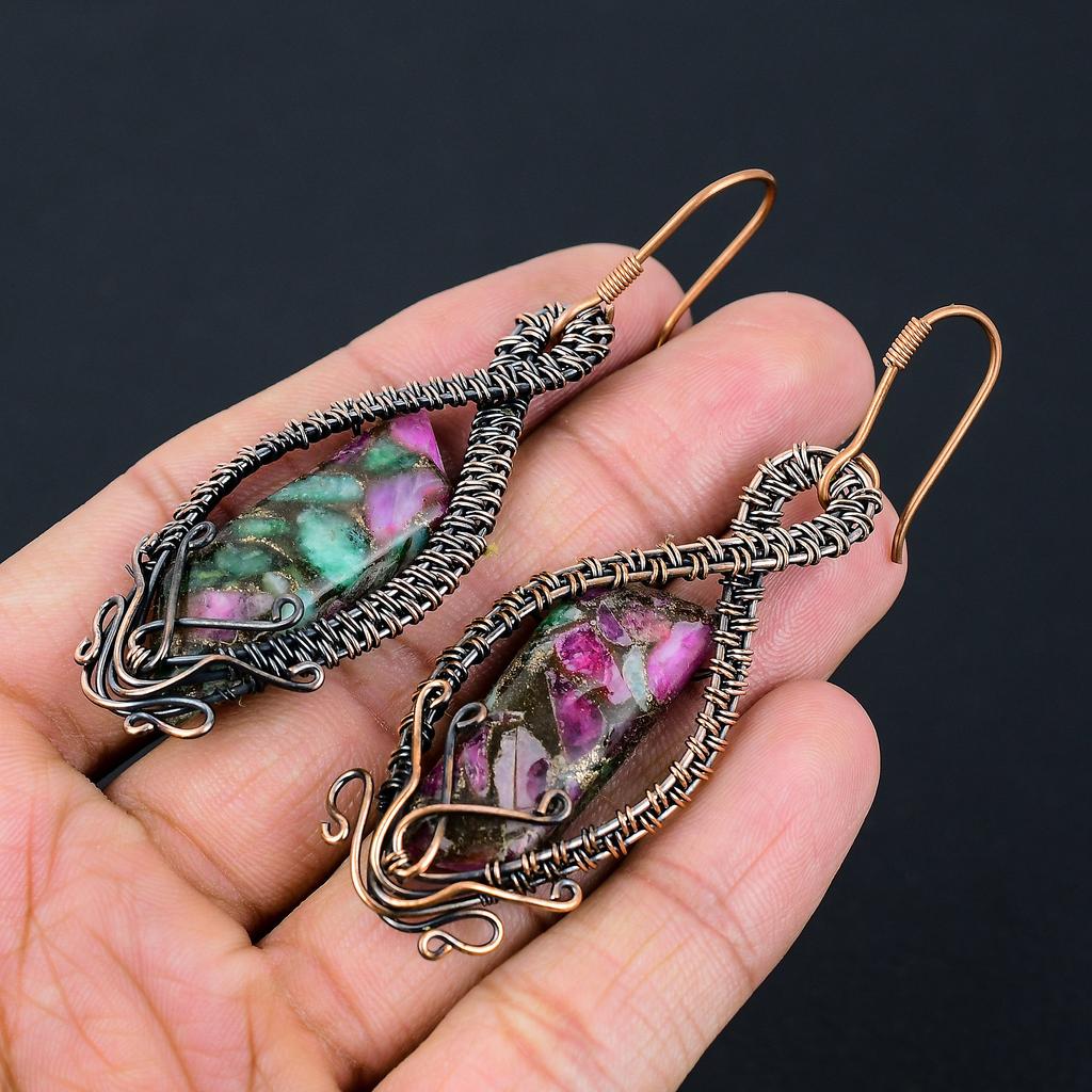 Ruby in Zoisite  Handmade Copper Wire Wrap Jewelry Earring 3.15" t3t67
