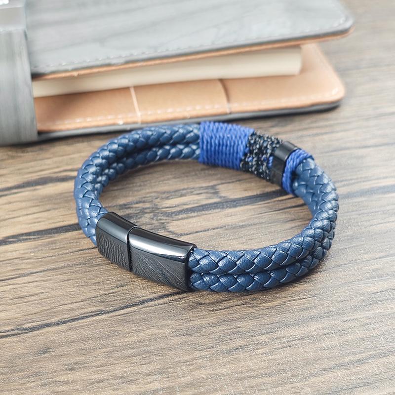 Men Punk Style Blue Woven Leather Rope Bracelet Classic Stainless Steel Simple Design Magnetic Buckle Charm Male Jewelry Gift