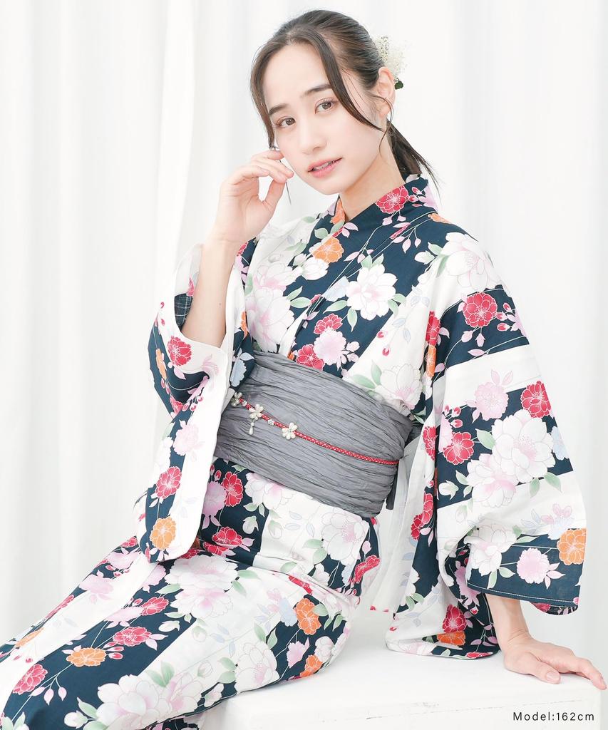 Nishiki Yukata Set Modern Kimono Light Cherry Blossom Stripes 2305-A Women's 2-Piece (Yukata + Pre-Obi) - Ready-to-Wear, One-Size-Fireworks, Retro,