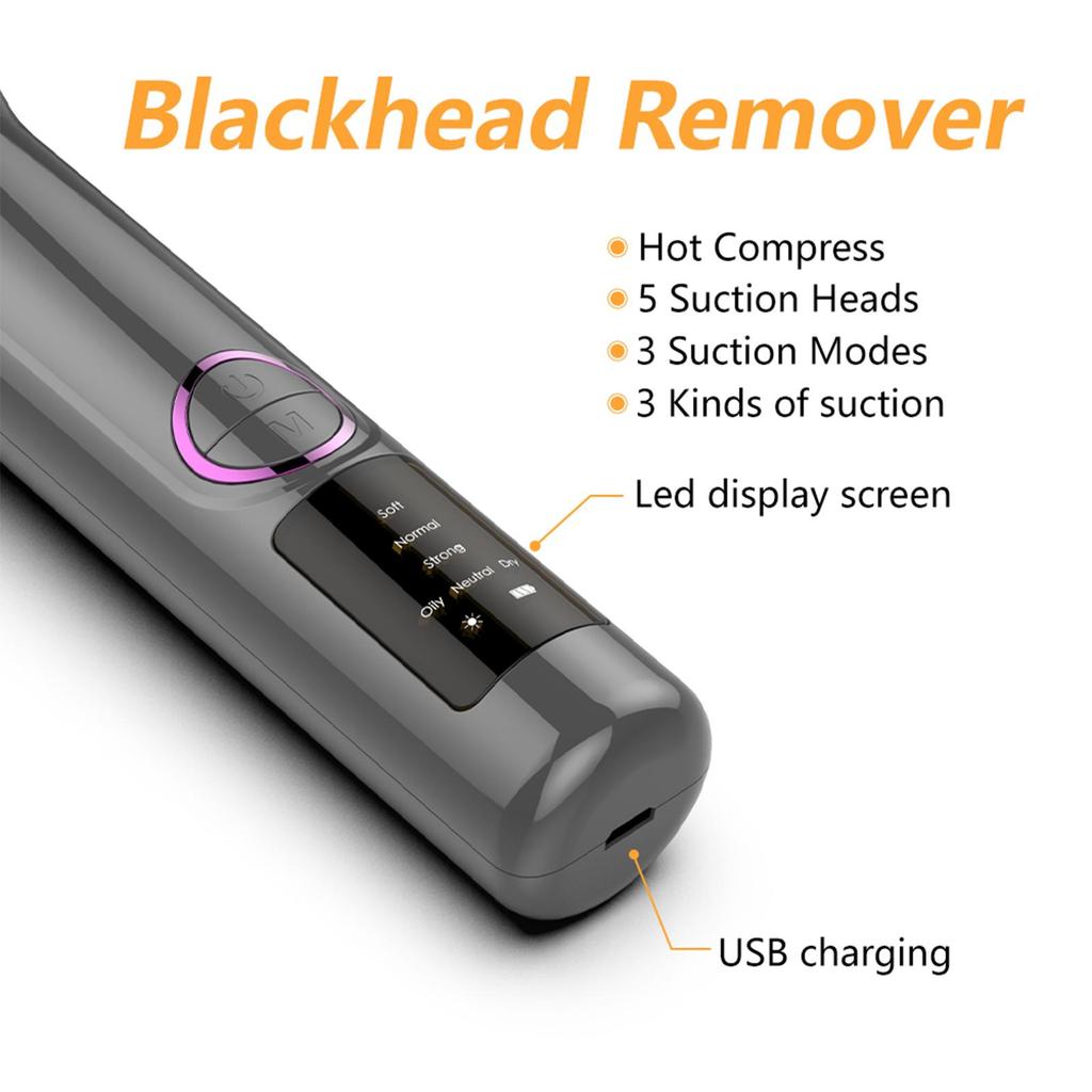 Heated Pore Vacuum Blackhead Remover 3 Suction LED Display USB Rechargeable Facial Tool Kit