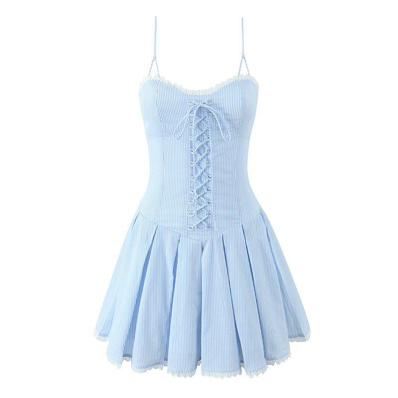 

Cold Extract Blueberry Vietnam Stylish Fresh Lace Splicing Sling Dress Blue Stripes Waist A- line Skirt Blue Stripe L
