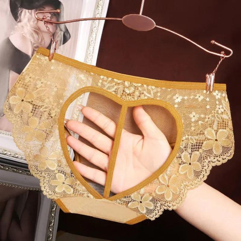 Women'S Panties Summer Thin Lace Floral Hollowed Underwear Open Butt Thong Lingerie Low Rise Transparent See Through Briefs