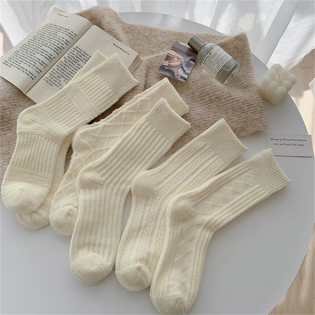 Solid Color Rhombus Striped Pattern Winter Thermal Warm Crew Socks for Women Thicken Faux Wool Knit Middle Tube Socks