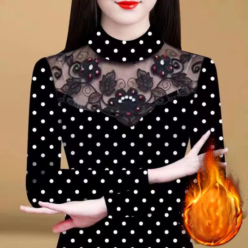 

Новая интегрированная бархатная рубашка большого размера для мам среднего возраста с кружевом и утолщенной основой для женской футболки с бисером 4XL