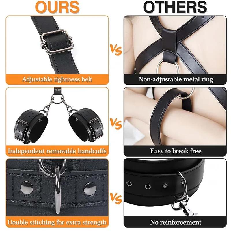 BDSM Sex Bondage Restriksjoner Kit Lær Lårsele Brystbelte Bak Ryggen Håndjern Åpne Ben SM Slave Fetisj Analkrok