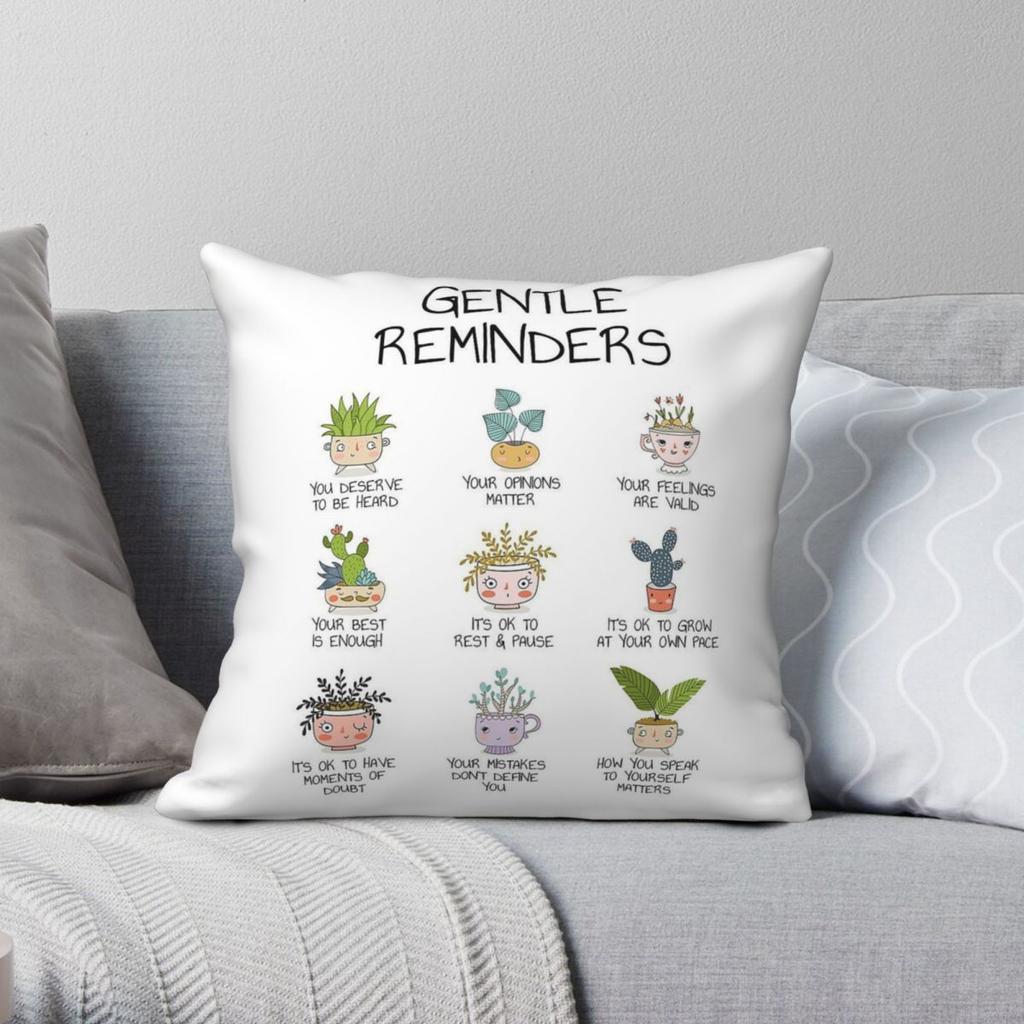 Gentle Reminders Positive Affirmations Square Pillowcase Polyester Linen Velvet Pattern Zip Decorative Pillow Car Cushion Cover
