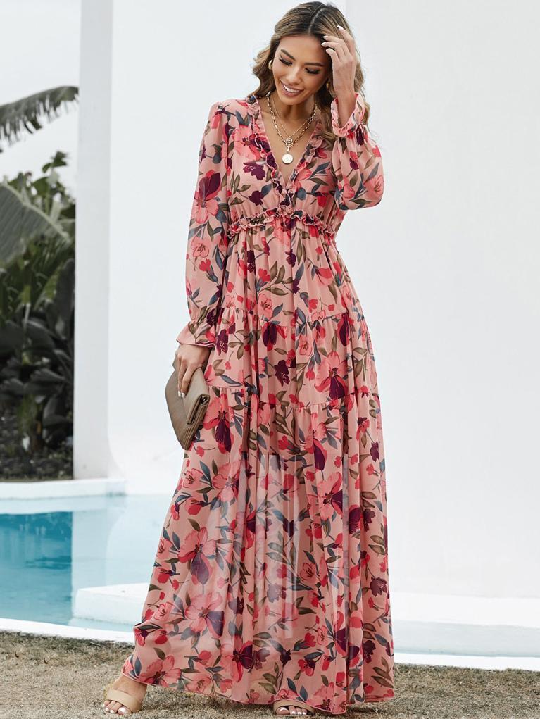 2025 Women's Fashion Long Sleeve Evening Dress - European & American Print Design