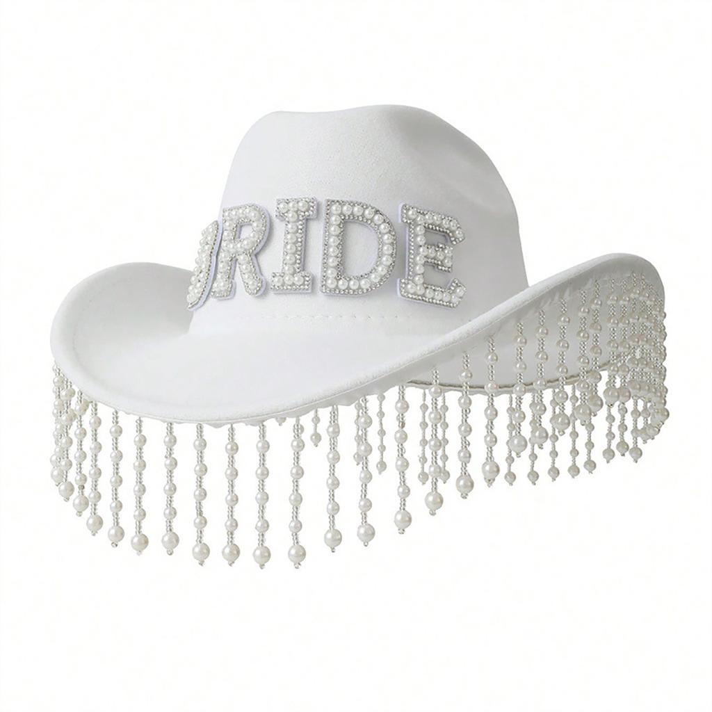 Roll Brims Cowboy Hat for Bride Bridesmaids Elegant Tassels Bead Cowgirl Hat Theme Party Costume Halloween Dress Up Hat