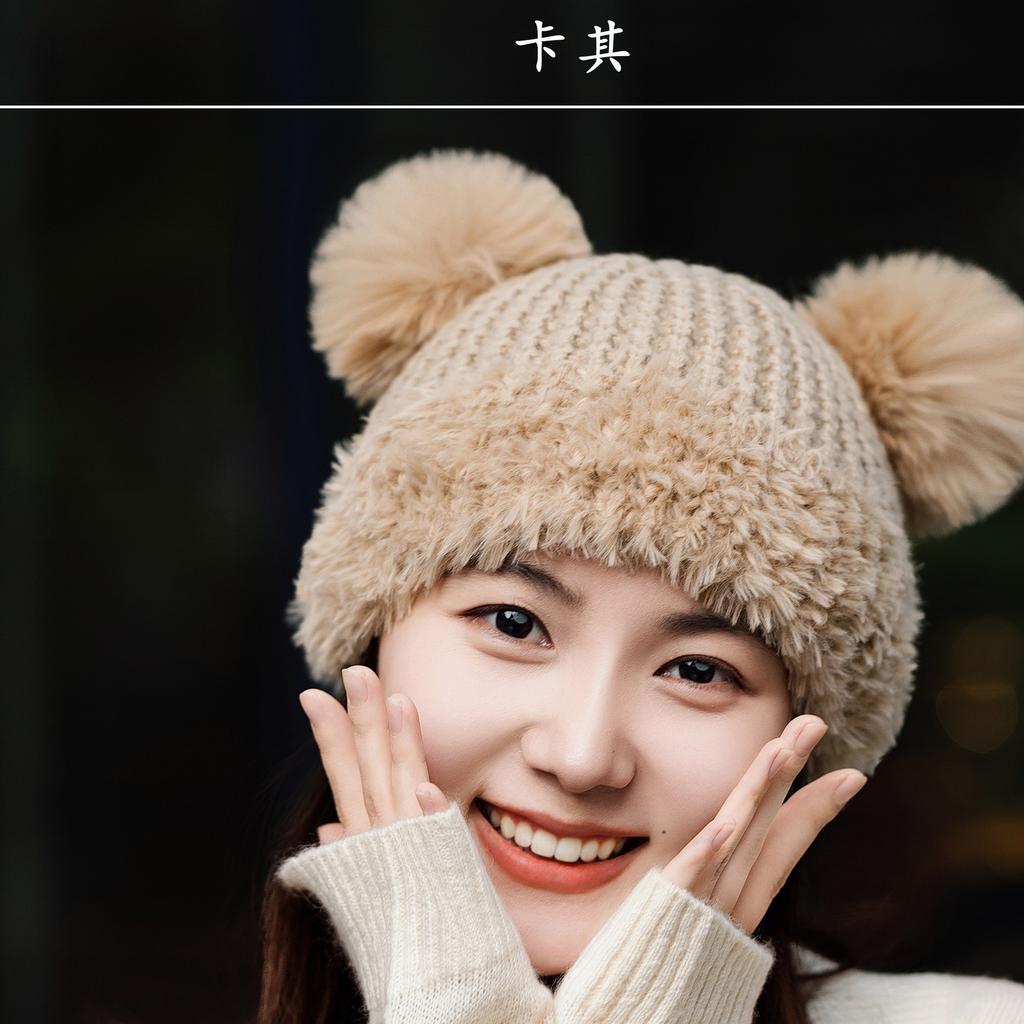 Plush Hat Female Winter Cute Bear Ears Striped Contrasting Color New Sweet Contrasting Color Knitted Wool Hat