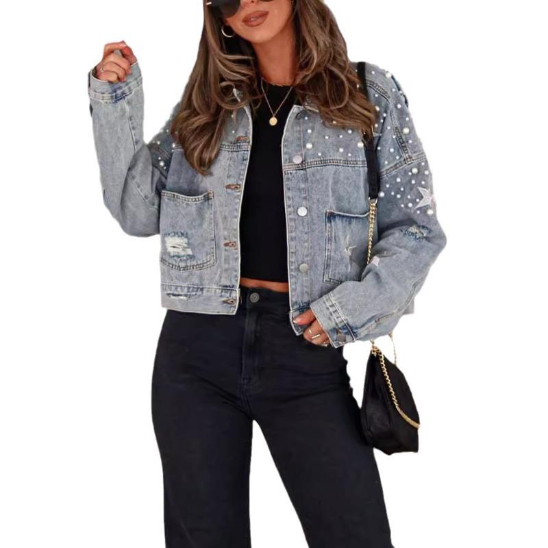 Damen Herbst Lässige Jeansjacke Rückseite Sternenprint Langarm Umlegekragen Knopf Perlen Jacke Streetwear Jeansjacke Damen