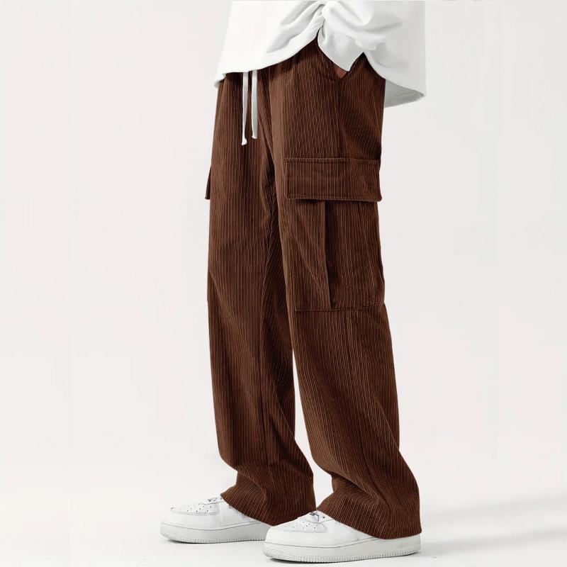 Men Olive Corduroy Cargo Wide Leg Pants Drawstring Elastic Waist Big Side Pocket Streetwear Loose Trousers