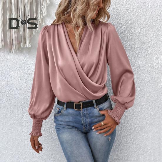 Holiday Casual Chic Shirt Women's Elegant V Neck Lantern Sleeve Soft Stylish Commuter Party Solid Color Top