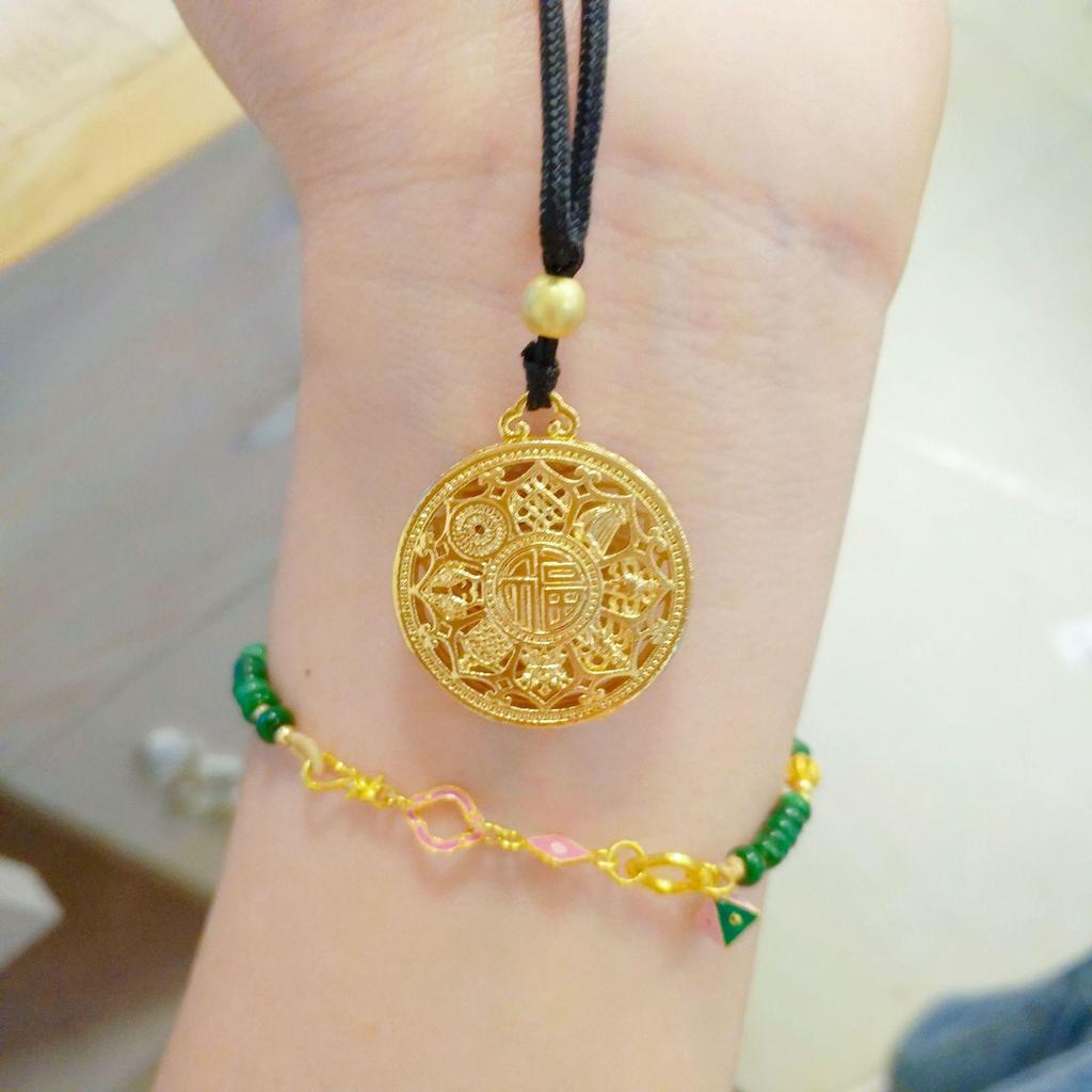 Vietnamese Sand Gold Eight Treasures Lotus Pendant Necklace - Brass, Gold Plated, Ancient Fu Character, Hollow Lotus Compass Design.