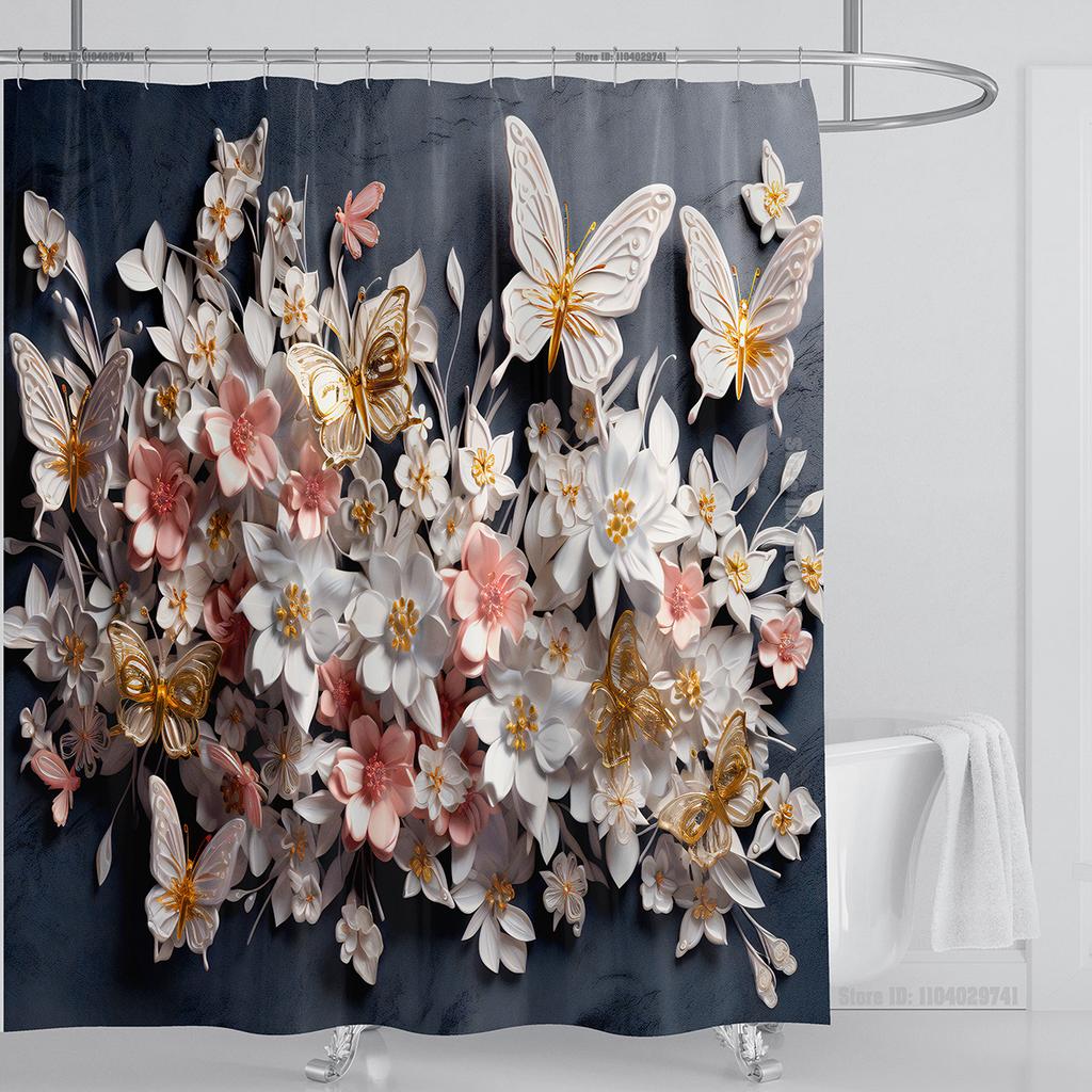 3D Stereo Beautiful Flower Printing Bathroom Curtain Waterproof Polyester Shower Curtain Home Decoration Curtain with Hooks