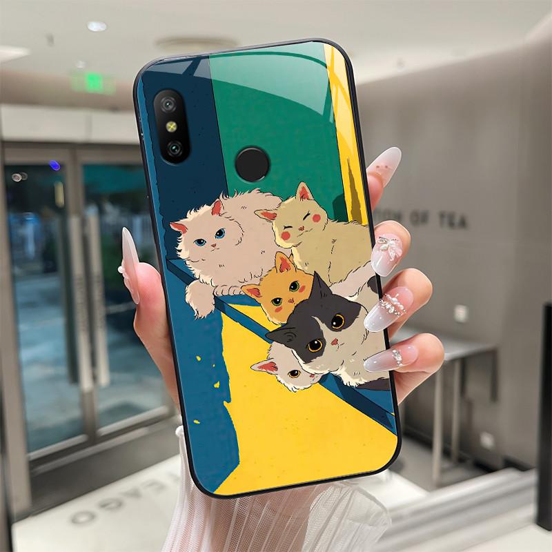 Beautiful Flower Cute Cartoon Cats Case For Xiaomi Mi A2 / Mi A2 Lite Tempered Glass Phone Case Protective Back Cover Hard Shell