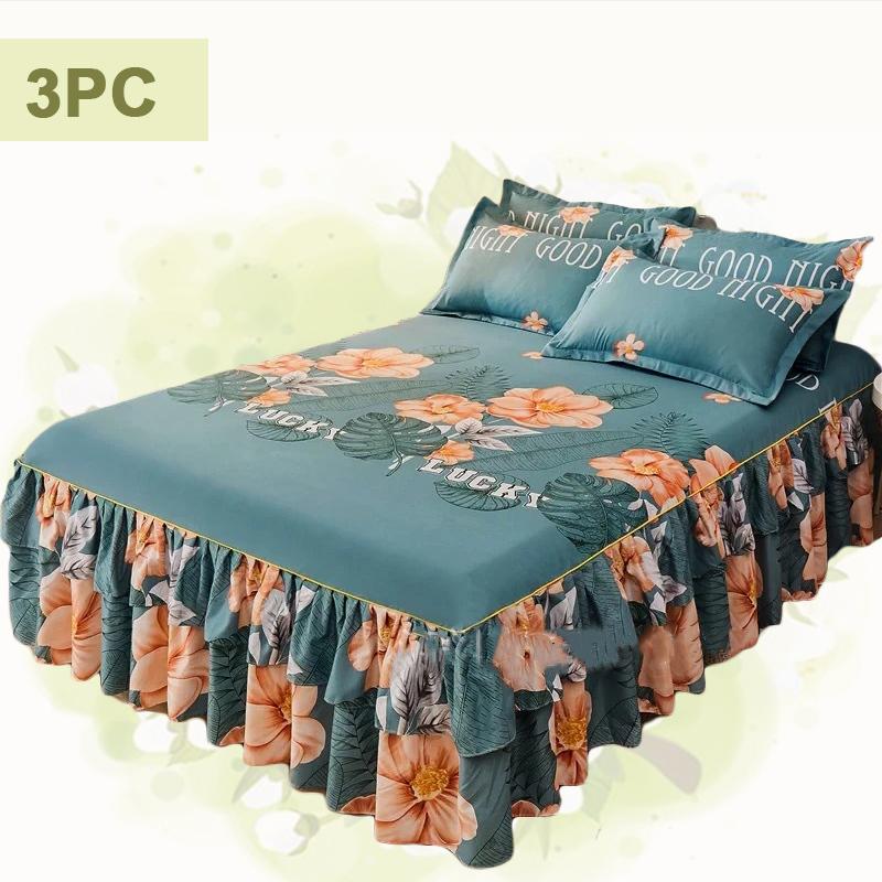 3pc Tropical Floral Bed Skirt Set Includes 1Non-slip Lace Bed Skirt And 2 Decorative Pillowcases All-season Polyester Bedding Ruffles Machine Washable