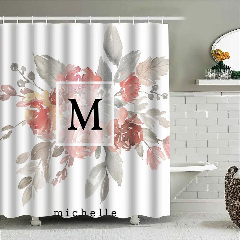 Custom Initial Monogrammed Shower Curtain For Bathroom Decor Watercolor Floral Design, White, Pink Gray Colors (M S